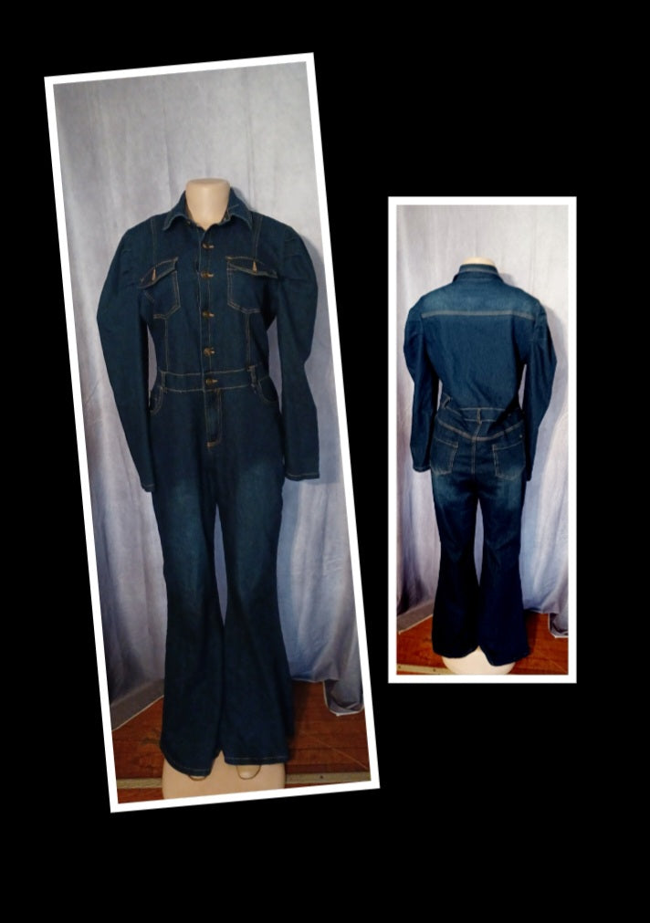 Stretch denim puff sleeve bellbottom jumpsuit L Kargo Fresh