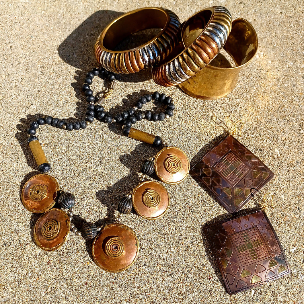 Vintage Brutalist Carved Brass and Copper Modernist Necklace Kargo Fresh