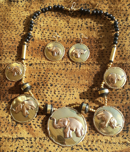 Vintage Carved Brass Lucky African Elephant Necklace Set Kargo Fresh