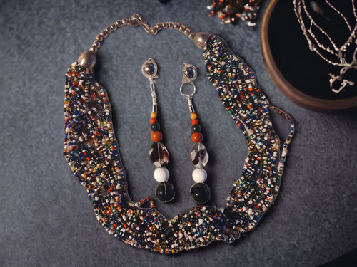 Vintage Glass Bead Multi Strand Layering Necklace and clip on earrings set Kargo Fresh