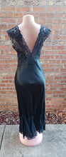 Load image into Gallery viewer, Vintage Rhonda Shear Black Satin and Lace slip gown. Small no Kargo Fresh
