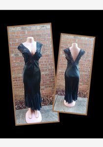 Vintage Rhonda Shear Black Satin and Lace slip gown. Small no Kargo Fresh