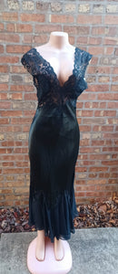 Vintage Rhonda Shear Black Satin and Lace slip gown. Small no Kargo Fresh