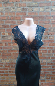 Vintage Rhonda Shear Black Satin and Lace slip gown. Small no Kargo Fresh