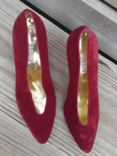 Load image into Gallery viewer, Vintage Walter Steiger Red Velvet Heels Pumps US 9 B Gold Sole. Kargo Fresh
