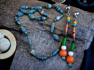 Vintage ugandan paper bead necklace and custom clip on earrings set Kargo Fresh