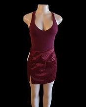 Load image into Gallery viewer, Wine colored saton mini skirt and bodysuit new Medium Kargo Fresh
