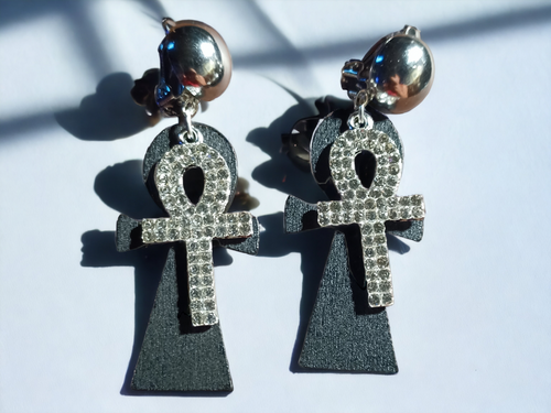 Wood and rhinestone clip on ankh earrings Kargo Fresh
