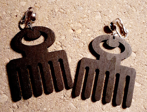 Wooden Clip On Adinkra Afro Pick Earrings Kargo Fresh