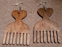 Load image into Gallery viewer, Natural Wood Afro Pick Heart Earrings Rare
