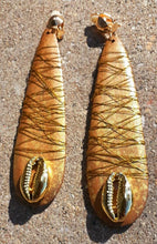 Load image into Gallery viewer, Handmade Afrocentric Wood and Cowrie Shell Clip On Earrings

