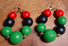 Load image into Gallery viewer, Chunky Rbg Red black and green wooden ball hoop Earrings
