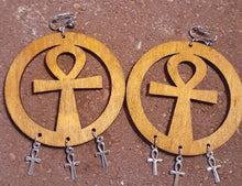 Load image into Gallery viewer, Ankh Charm Dangle Wooden Clip On Earrings
