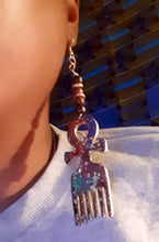 Load image into Gallery viewer, Handpainted Ankh Afro Pick Abstract Wooden Earrings

