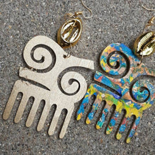 Load image into Gallery viewer, Handpainted Afrocentric Adinkra Afro Pick Wooden Earrings
