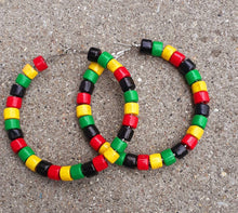 Load image into Gallery viewer, Handmade wood and metal afrocentric rasta hoop Earrings
