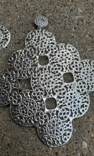 Load image into Gallery viewer, Extra large Abstract Medallion Metal Disc Clip On Earrings Silver 6 inch XL
