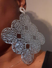 Load image into Gallery viewer, Extra large Abstract Medallion Metal Disc Clip On Earrings Silver 6 inch XL
