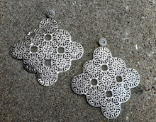 Load image into Gallery viewer, Extra large Abstract Medallion Metal Disc Clip On Earrings Silver 6 inch XL
