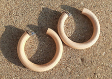 Load image into Gallery viewer, Clip on Chunky Natural Wood Hoop Earrings Natural Color 2.5 inch
