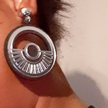 Load image into Gallery viewer, Abstract Art Deco Wood and Acrylic Clip On Hoop Earrings

