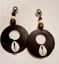 Load image into Gallery viewer, Handmade cowrie and Wood Clip On Dangle Earrings
