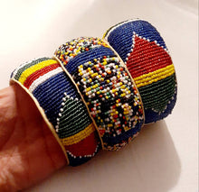 Load image into Gallery viewer, Vintage Maasai Bead and leather  Bangle Set of 3 L/Xl wrist
