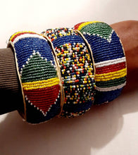 Load image into Gallery viewer, Vintage Maasai Bead and leather  Bangle Set of 3 L/Xl wrist
