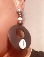 Load image into Gallery viewer, Handmade cowrie and Wood Clip On Dangle Earrings
