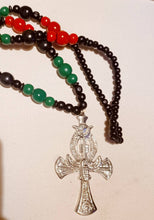 Load image into Gallery viewer, Mens Handmade Extra Large Chunky Metal Carved Ankh Necklace with Wooden Beads Rare
