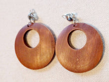 Load image into Gallery viewer, Classic Natural Wooden Hoop Clip On Dangle Earrings medium brown
