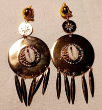 Load image into Gallery viewer, Handmade Hammered Gold Metal and cowrie shell Clip On Earrings

