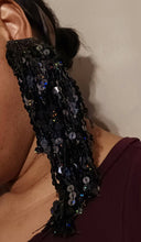 Load image into Gallery viewer, Handmade Runway Black Sequin Clip On Earrings, Extra Long Dangle
