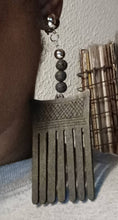 Load image into Gallery viewer, Handmade Black Wood and Lava bead Afro Pick Clip On Dangle Earrings Black
