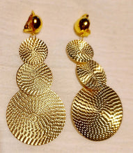 Load image into Gallery viewer, Handmade Hammered Metal Disc Clip On Earrings gold 3.5 inch
