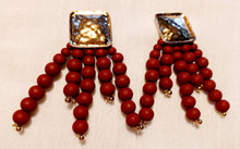 Load image into Gallery viewer, Abstract Wood Bead and hammered brass Earrings 4 inch (pierced ears)
