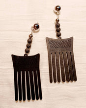 Load image into Gallery viewer, Handmade Black Wood and Lava bead Afro Pick Clip On Dangle Earrings Black
