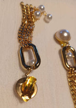 Load image into Gallery viewer, Glamourous Handmade Gold Metal faux pearl and chain Clip On Earrings
