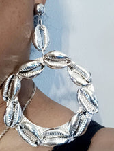Load image into Gallery viewer, Handmade Hammered silver Metal and cowrie shell Clip On Hoop Earrings
