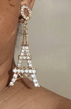 Load image into Gallery viewer, Handmade gold Rhinestone Eiffel Tower Clip On Earrings one of a kind
