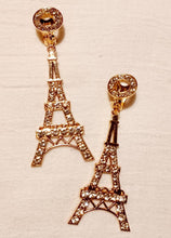 Load image into Gallery viewer, Handmade gold Rhinestone Eiffel Tower Clip On Earrings one of a kind
