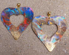 Load image into Gallery viewer, Giant 6 inch Handmade Abstract Handpainted Wooden Heart Earrings Clip on
