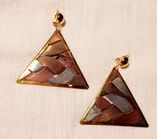 Load image into Gallery viewer, Vintage Abstract brass, steel and copper Clip on wire design triangle Earrings

