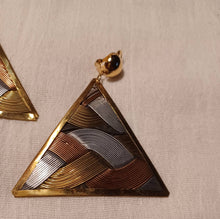 Load image into Gallery viewer, Vintage Abstract brass, steel and copper Clip on wire design triangle Earrings
