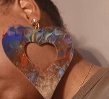 Load image into Gallery viewer, Giant 6 inch Handmade Abstract Handpainted Wooden Heart Earrings Clip on

