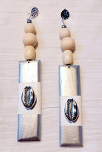 Load image into Gallery viewer, Large Handpainted Wood and Cowrie earrings pierced ears
