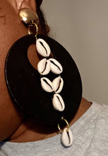 Load image into Gallery viewer, Handmade extra large Wood and Cowrie Clip On Dangle Earrings 6 inch
