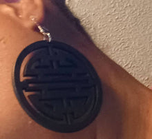 Load image into Gallery viewer, Natural Wood Shou Symbol Clip On Dangle Earrings
