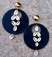 Load image into Gallery viewer, Handmade extra large Wood and Cowrie Clip On Dangle Earrings 6 inch
