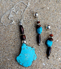 Load image into Gallery viewer, Handmade Genuine Turqoise and wood Clip On Earrings and  Necklace Set New
